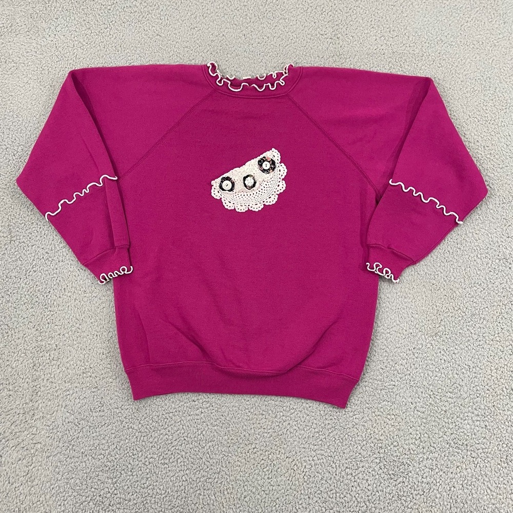 Vintage Grandma Sweatshirt Women XL Magenta Doily Hanes Her Way Pullover